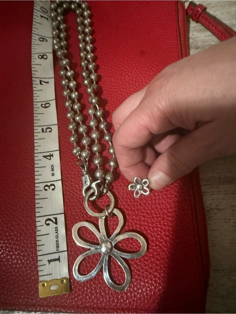 Silver Toned Flower Pendant Beaded Necklace bundled W/ .925 Flower Ring Size 6.5